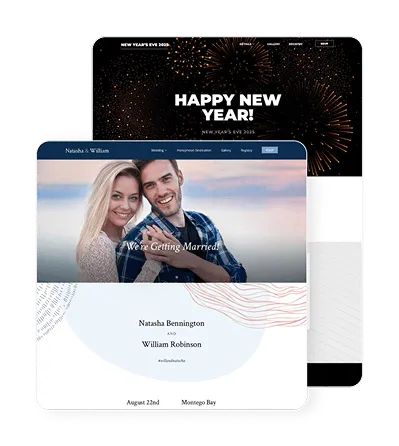 Examples of personalized celebration webpages for a wedding and a New Year’s Eve event.
