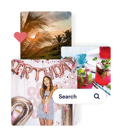 A collage of celebration visuals including a tropical beach, birthday decorations, and colorful drinks with a search bar overlay.