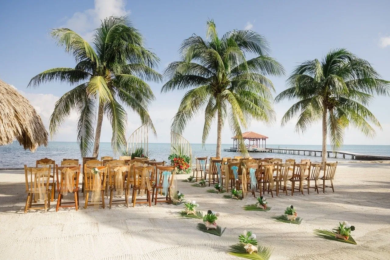 Beach wedding ceremony setup with wooden chairs, ribbons, a flower-lined aisle, and a display overlooking the ocean.