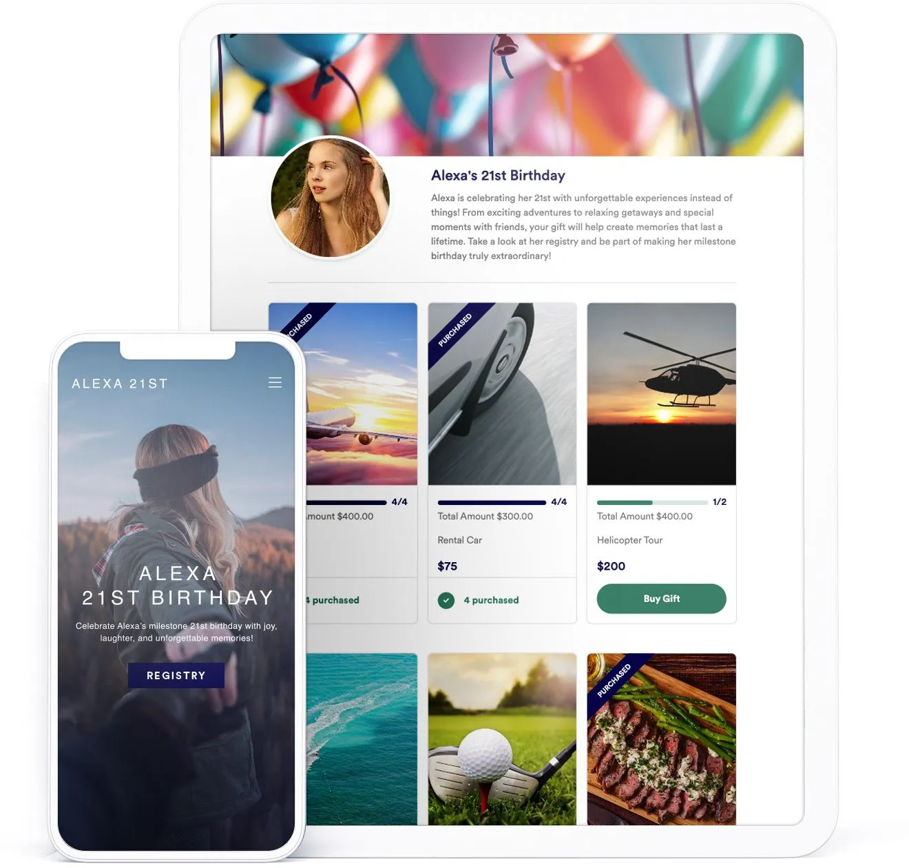 A phone and tablet displaying a birthday registry page with gift contribution options and celebration imagery.
