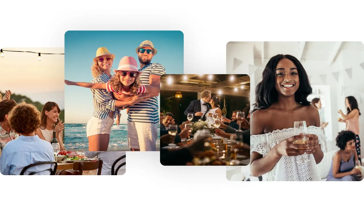 A full collage showing scenes from various celebrations including a beach day, dinner party, and a smiling woman holding a drink at a gathering.